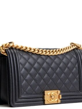 Black Quilted Leather Chain Shoulder Bag with Gold Hardware